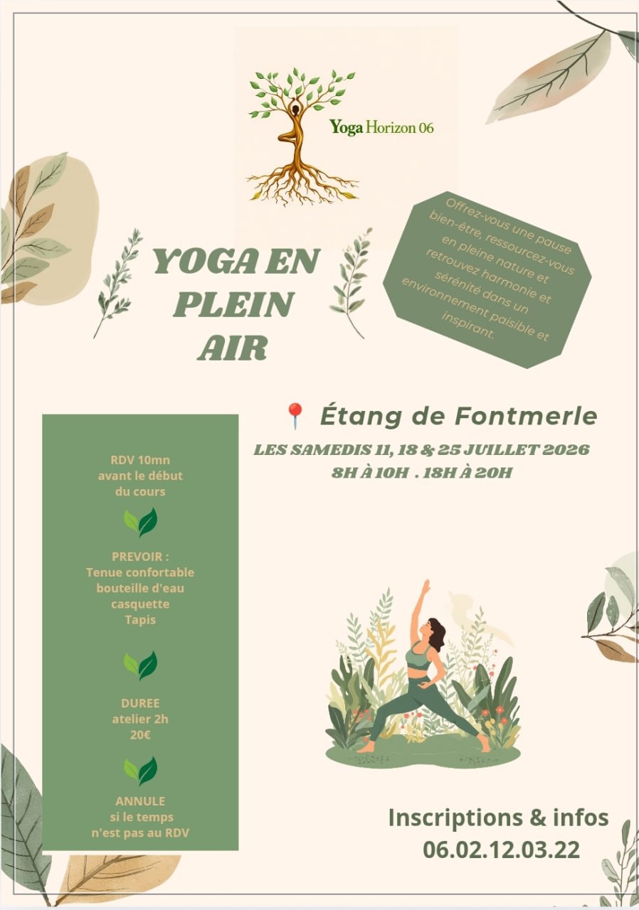 Flyer Ateliers et Retraites — Étang de Fontmerle — Juillet 2026 — Yoga Horizon 06 avec Nathalie Castagna